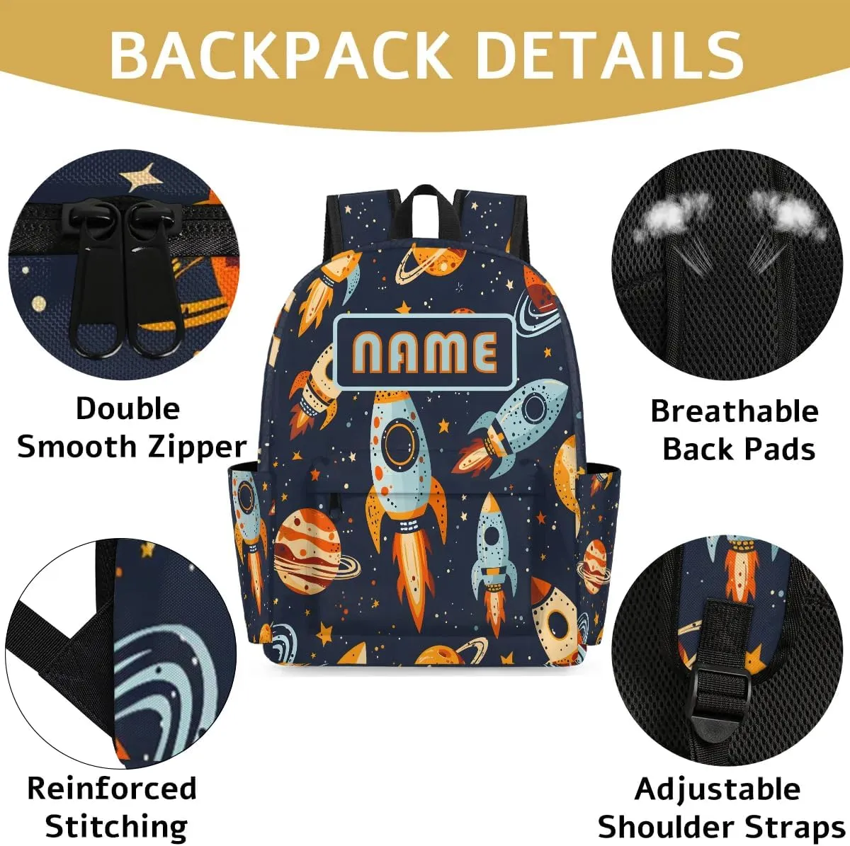 Custom Universe Rockets Backpack for Boys Girls, Personalized Schoolbag with Your Name, Bookbag for Kids Back to School Travel Picnic 15 Inch