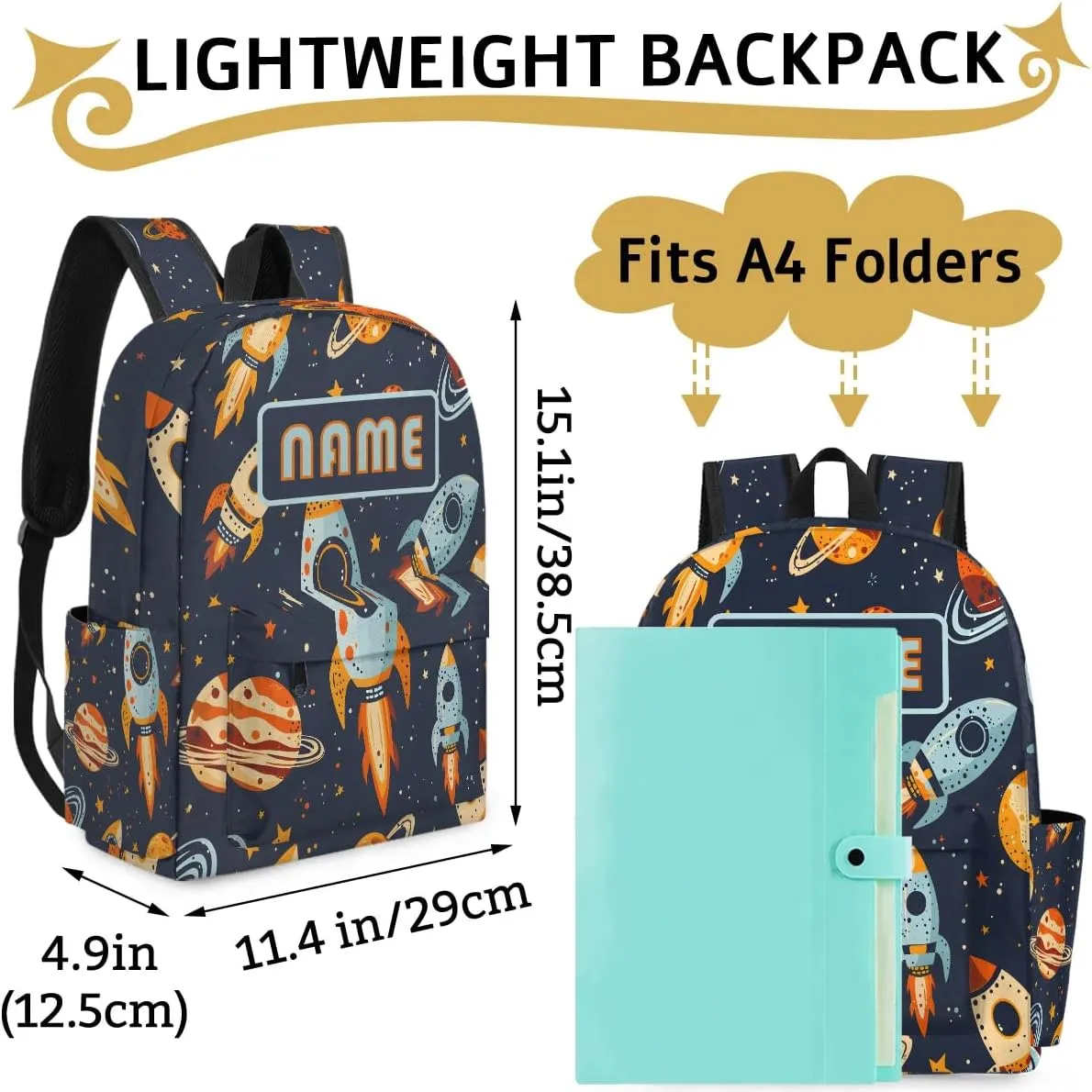 Custom Universe Rockets Backpack for Boys Girls, Personalized Schoolbag with Your Name, Bookbag for Kids Back to School Travel Picnic 15 Inch