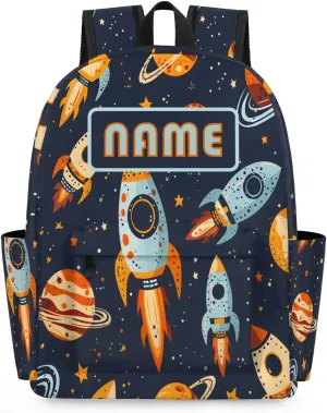 Custom Universe Rockets Backpack for Boys Girls, Personalized Schoolbag with Your Name, Bookbag for Kids Back to School Travel Picnic 15 Inch