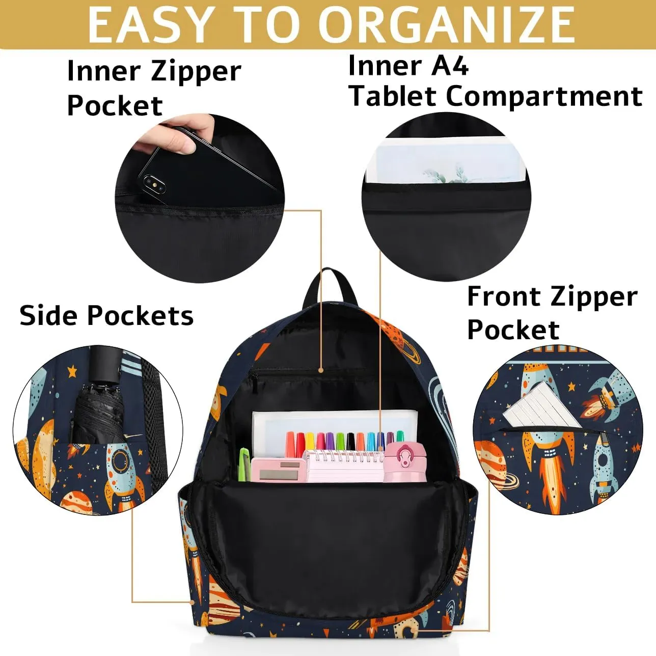 Custom Universe Rockets Backpack for Boys Girls, Personalized Schoolbag with Your Name, Bookbag for Kids Back to School Travel Picnic 15 Inch