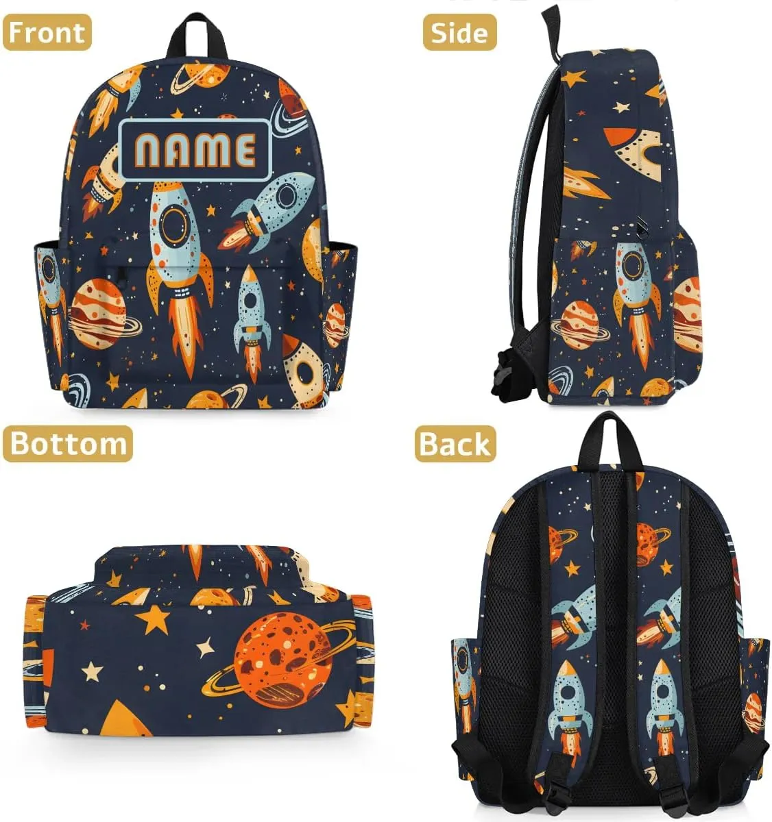 Custom Universe Rockets Backpack for Boys Girls, Personalized Schoolbag with Your Name, Bookbag for Kids Back to School Travel Picnic 15 Inch