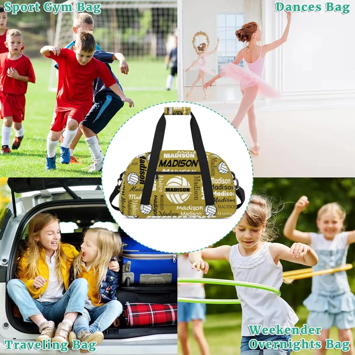 Custom Volleyball Gym Bag Duffel Bag for Women Men, Personalized Name Sport Bag Customized Overnight Bags Travel Weekender Bag, Brown