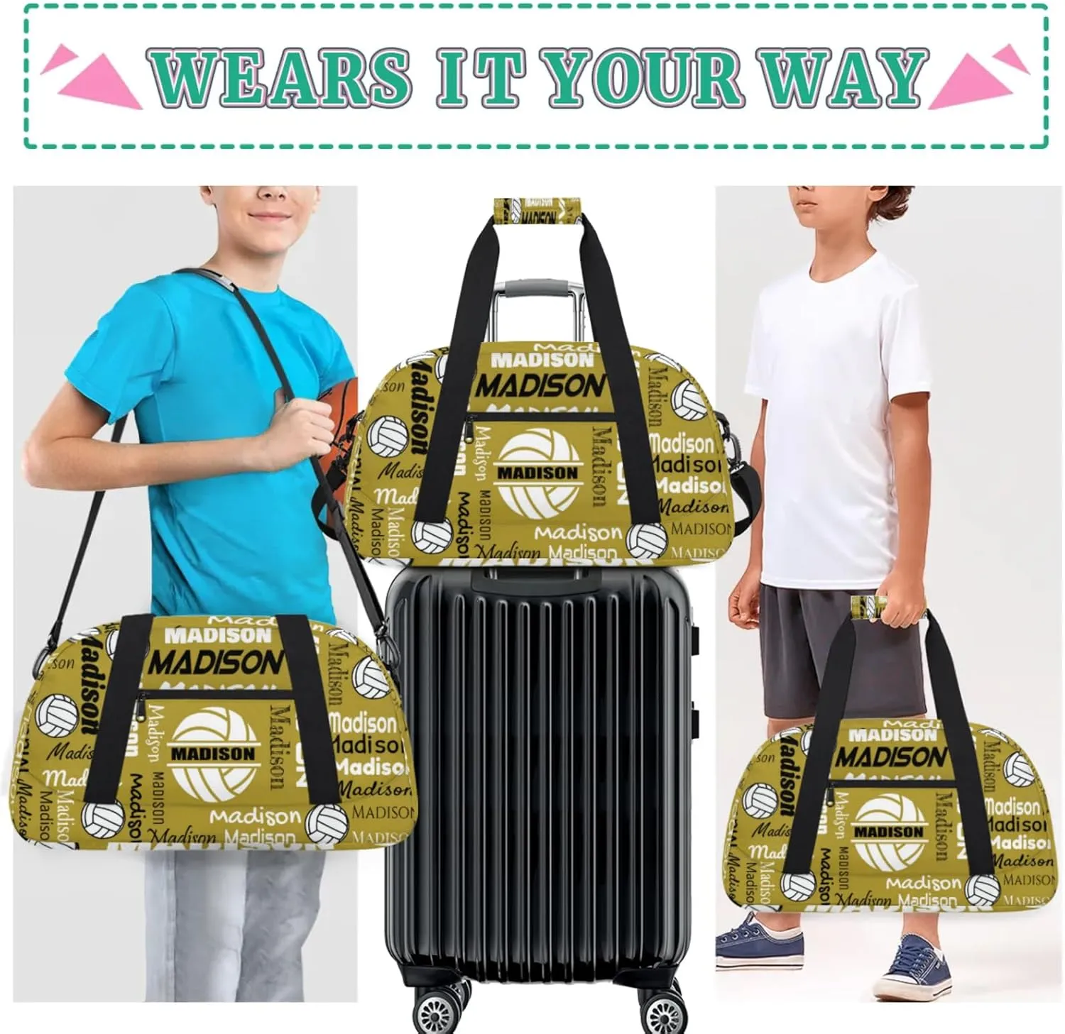 Custom Volleyball Gym Bag Duffel Bag for Women Men, Personalized Name Sport Bag Customized Overnight Bags Travel Weekender Bag, Brown