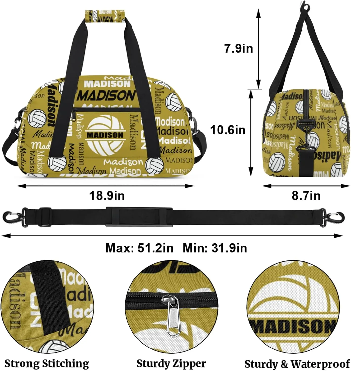 Custom Volleyball Gym Bag Duffel Bag for Women Men, Personalized Name Sport Bag Customized Overnight Bags Travel Weekender Bag, Brown