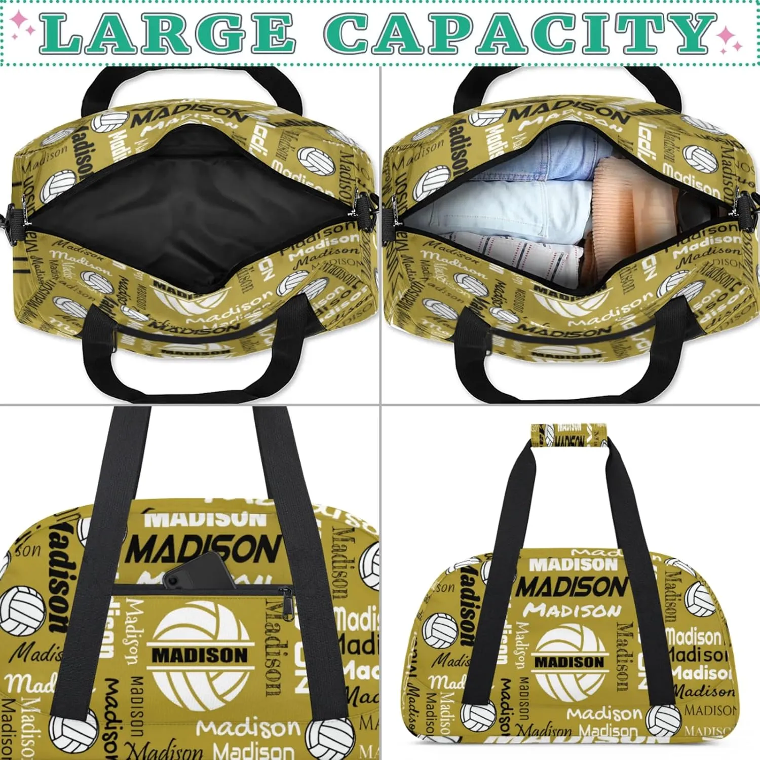 Custom Volleyball Gym Bag Duffel Bag for Women Men, Personalized Name Sport Bag Customized Overnight Bags Travel Weekender Bag, Brown