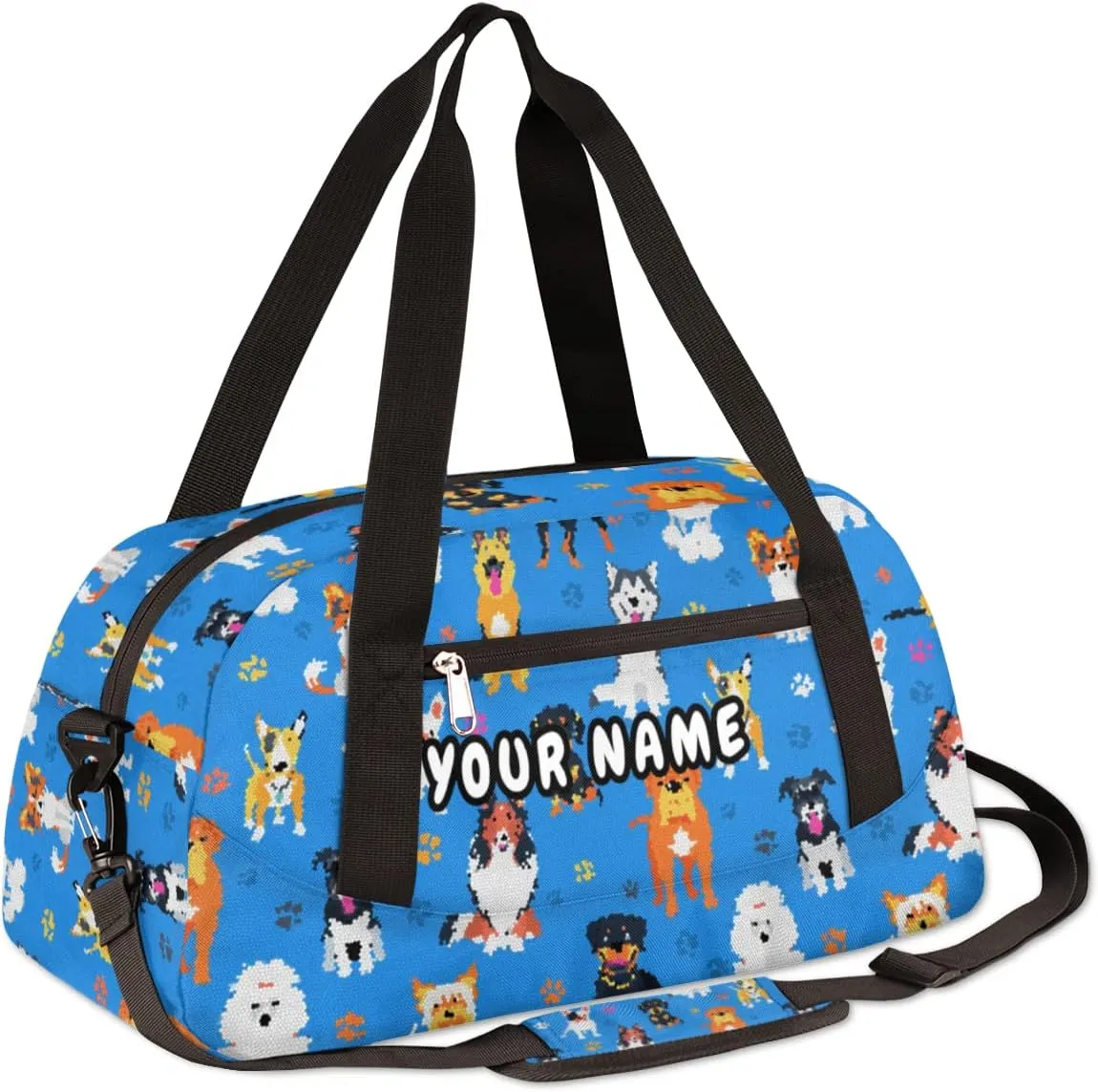 Cute Cartoon Dog Personalized Kids Duffel Bag for Girls Boys, Dog Debris Custom Name Dance Bag Overnight Small Duffel Bag Carry On Weekend Sports Travel Bag for School Practice Gymnastics Ballet