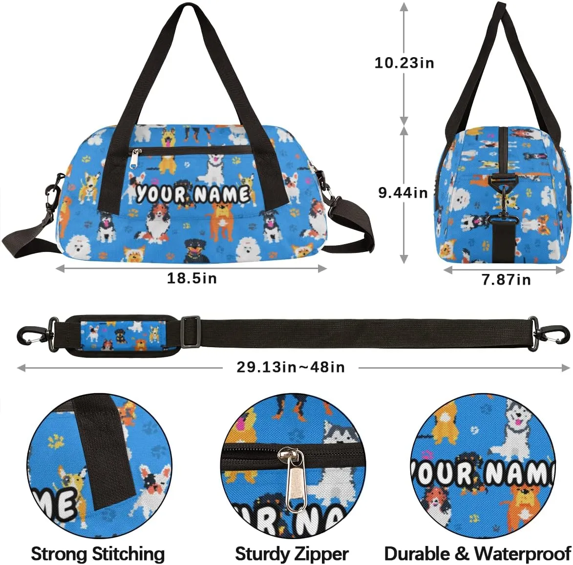 Cute Cartoon Dog Personalized Kids Duffel Bag for Girls Boys, Dog Debris Custom Name Dance Bag Overnight Small Duffel Bag Carry On Weekend Sports Travel Bag for School Practice Gymnastics Ballet