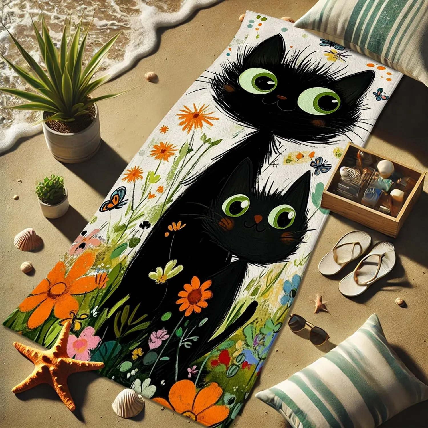 Cute Cat Beach Towel Black and Green Fanciful Kitty Design, Quick Dry Absorbent Sand Free Soft Lightweight Towel, Ideal for Beach Pool Travel Camping Picnic Essentials 70x35 Inch