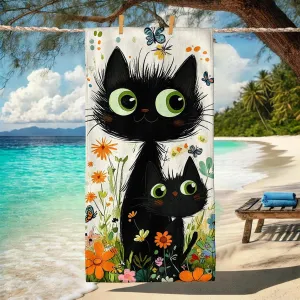Cute Cat Beach Towel Black and Green Fanciful Kitty Design, Quick Dry Absorbent Sand Free Soft Lightweight Towel, Ideal for Beach Pool Travel Camping Picnic Essentials 70x35 Inch