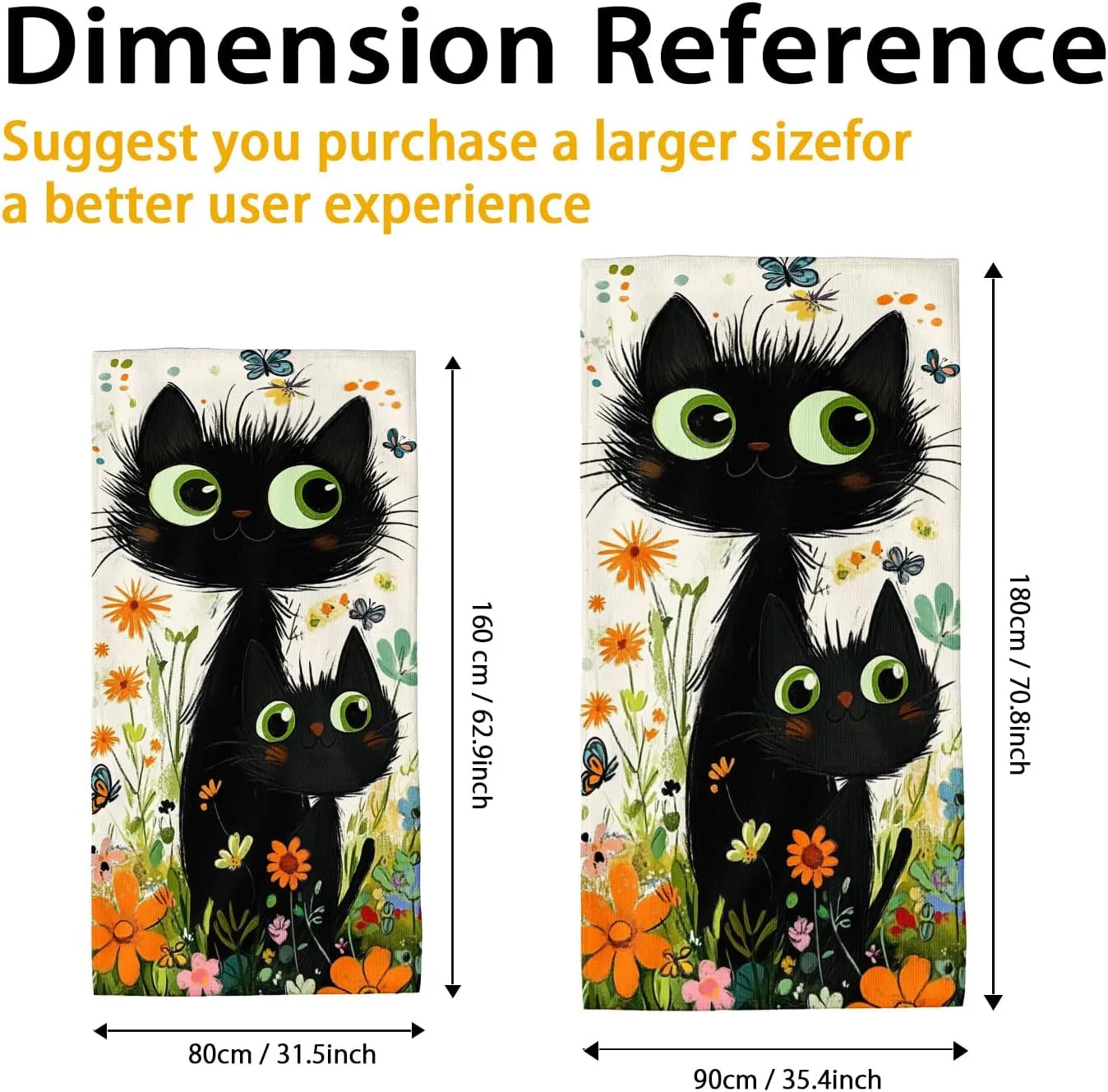 Cute Cat Beach Towel Black and Green Fanciful Kitty Design, Quick Dry Absorbent Sand Free Soft Lightweight Towel, Ideal for Beach Pool Travel Camping Picnic Essentials 70x35 Inch