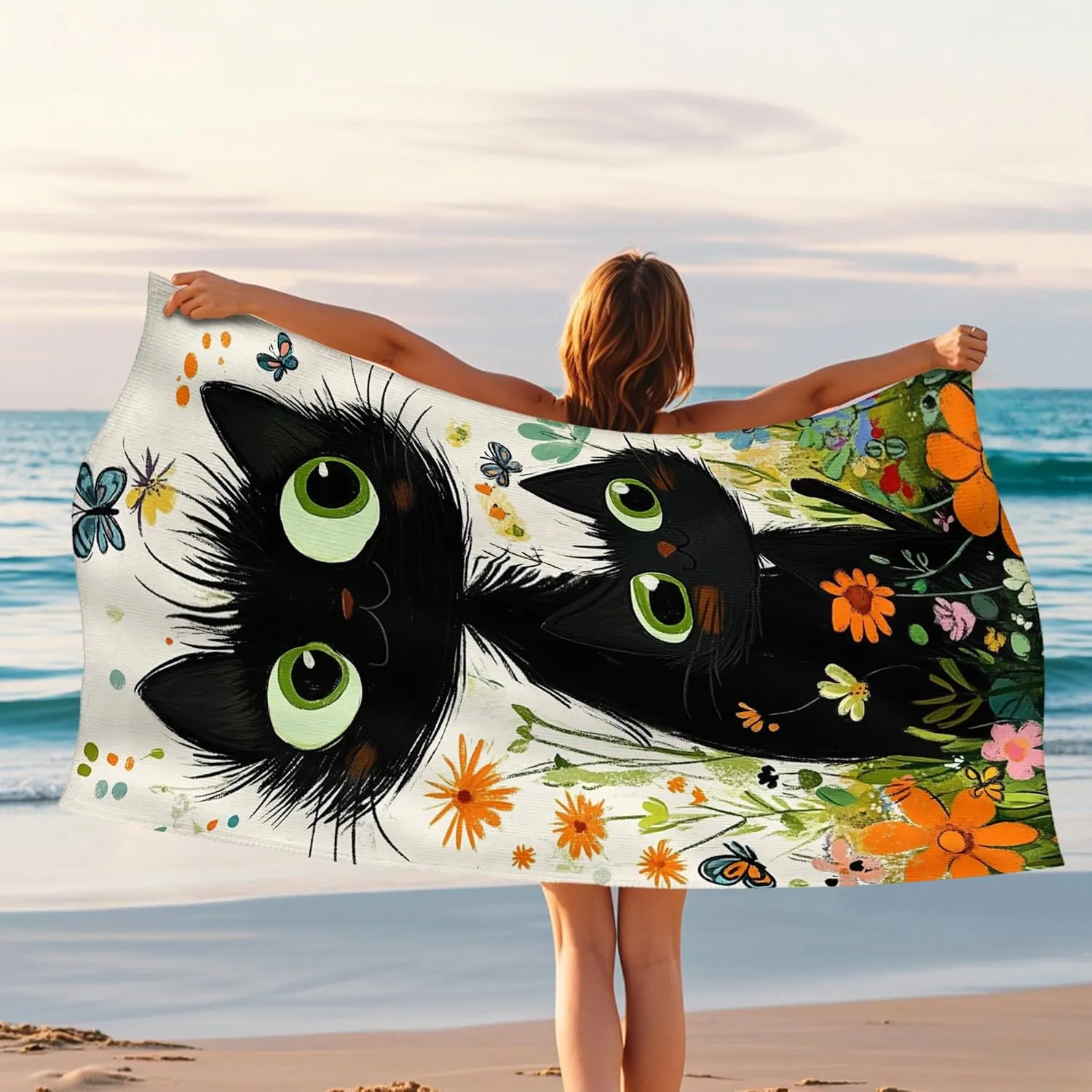Cute Cat Beach Towel Black and Green Fanciful Kitty Design, Quick Dry Absorbent Sand Free Soft Lightweight Towel, Ideal for Beach Pool Travel Camping Picnic Essentials 70x35 Inch