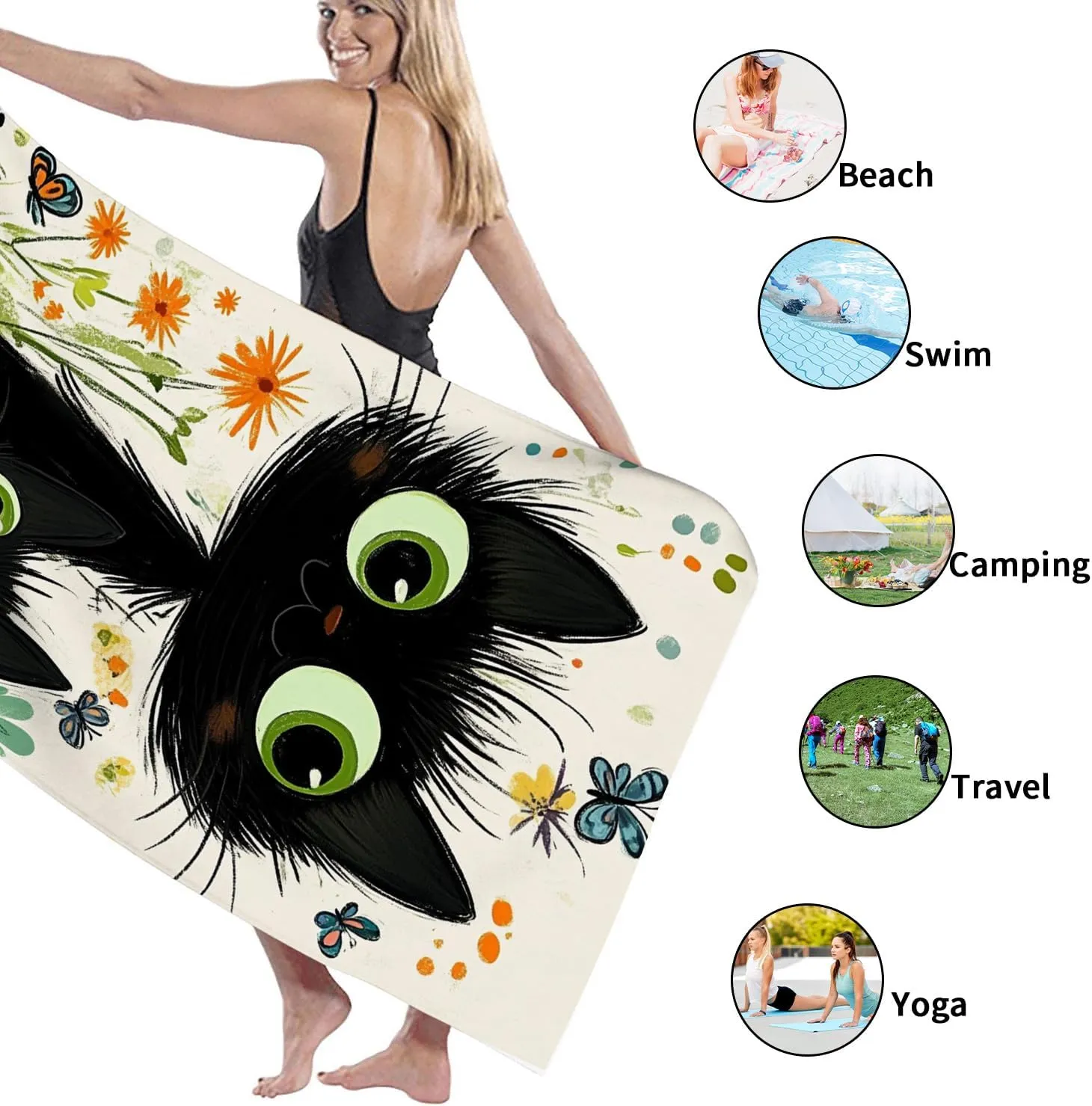 Cute Cat Beach Towel Black and Green Fanciful Kitty Design, Quick Dry Absorbent Sand Free Soft Lightweight Towel, Ideal for Beach Pool Travel Camping Picnic Essentials 70x35 Inch