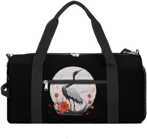 Cute Crane Bird Flowers Rose Sports Gym Bag for Men Women Travel Duffel Bag with Shoulder Strap