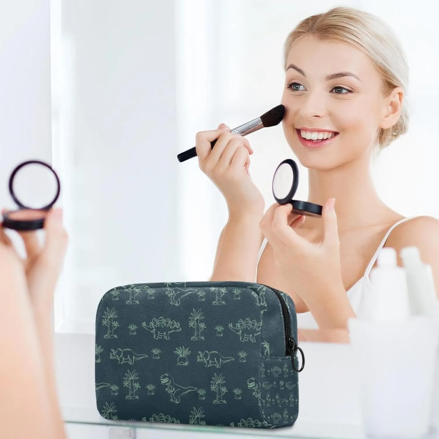 Cute Dinosaur Outline Pattern Cosmetic Makeup Bags, Small Travel Zipper Pouch Portable Toiletry Bag Makeup Organizer for Women Teen Girls