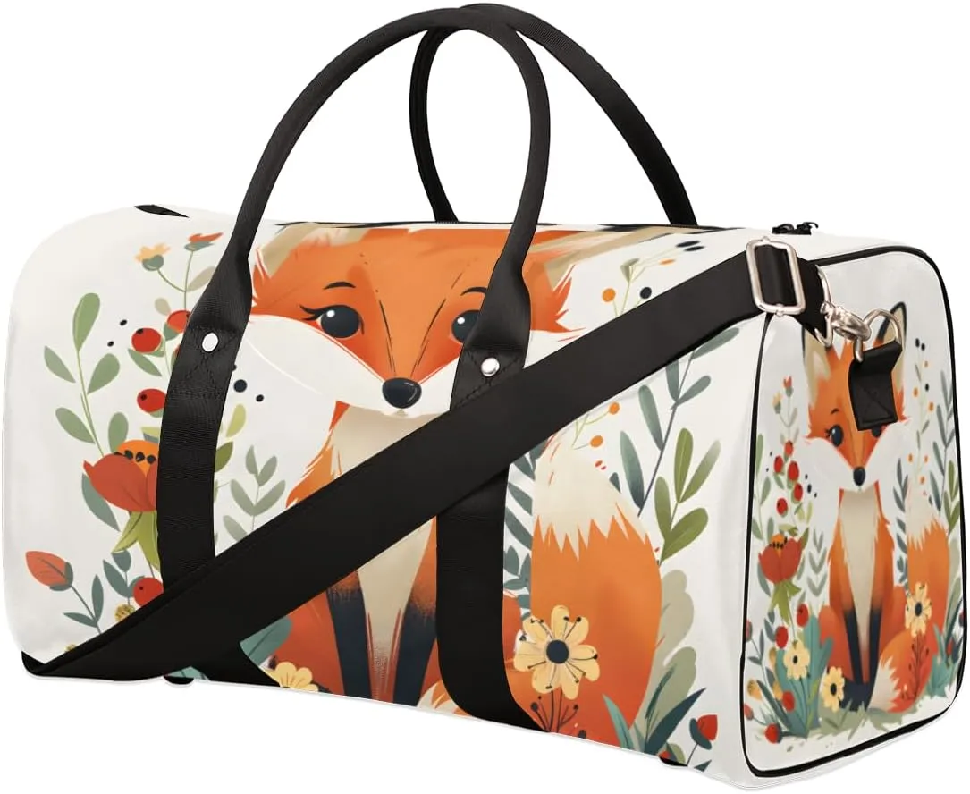 Cute Fox Travel Duffle Bag for Women Men Gym Duffel Foldable Bag Waterproof Weekender Cute Foxes Flowers Duffle Tote