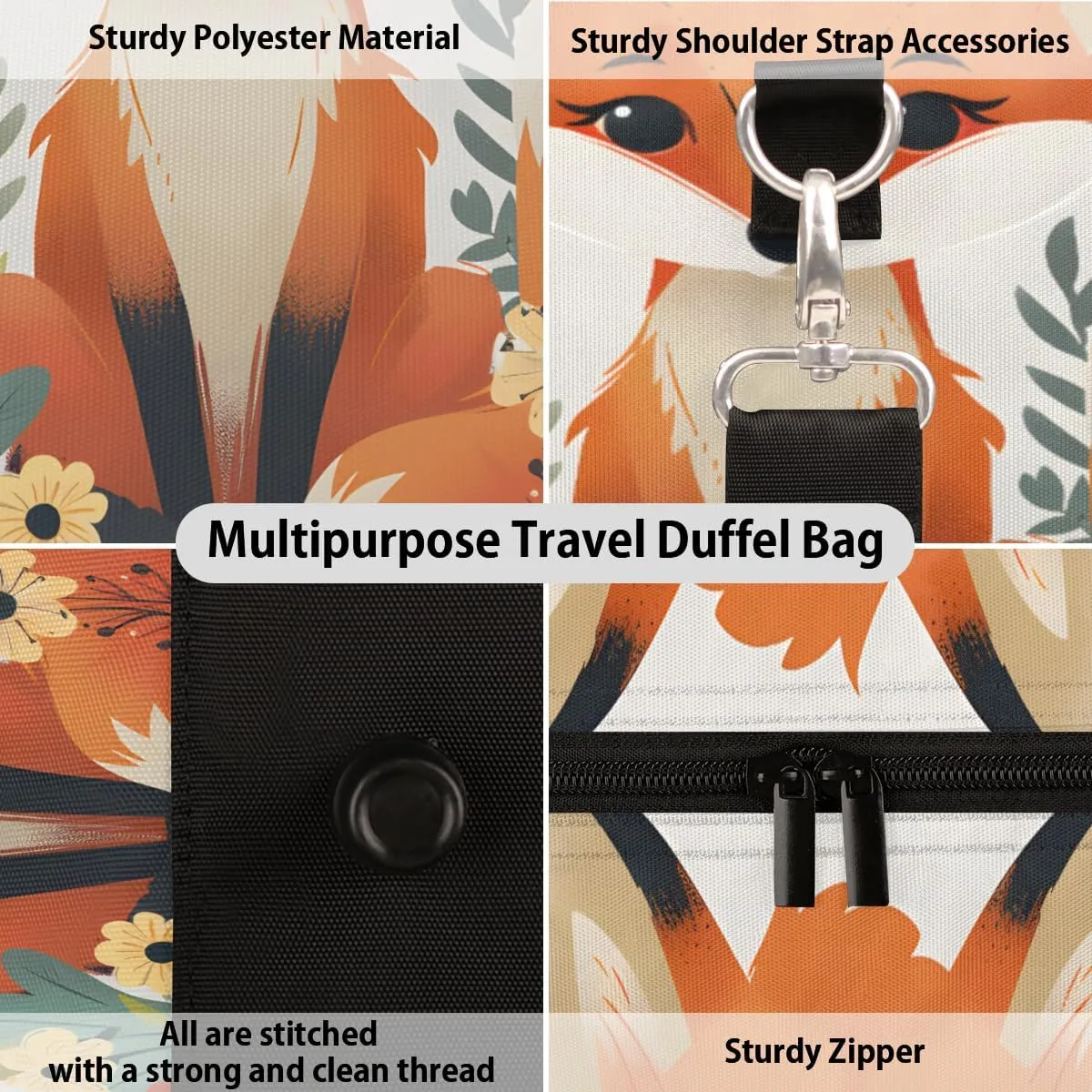 Cute Fox Travel Duffle Bag for Women Men Gym Duffel Foldable Bag Waterproof Weekender Cute Foxes Flowers Duffle Tote