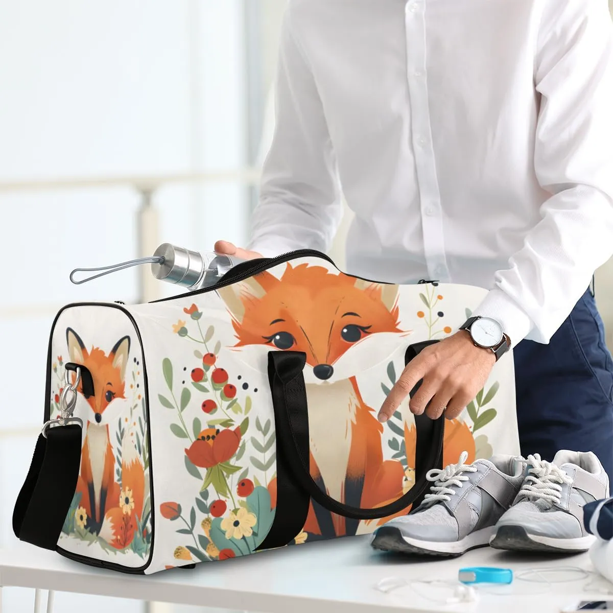 Cute Fox Travel Duffle Bag for Women Men Gym Duffel Foldable Bag Waterproof Weekender Cute Foxes Flowers Duffle Tote
