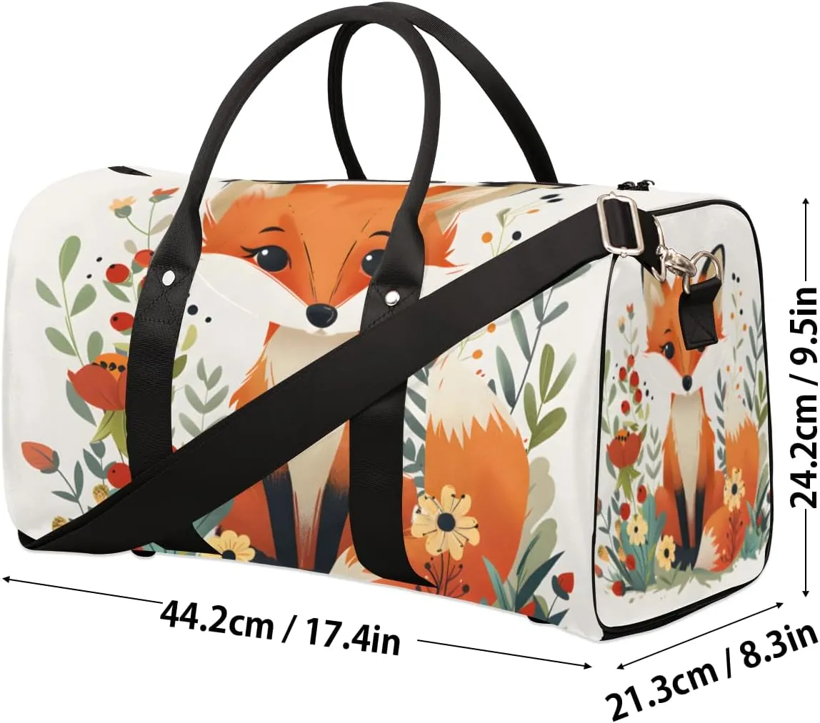 Cute Fox Travel Duffle Bag for Women Men Gym Duffel Foldable Bag Waterproof Weekender Cute Foxes Flowers Duffle Tote