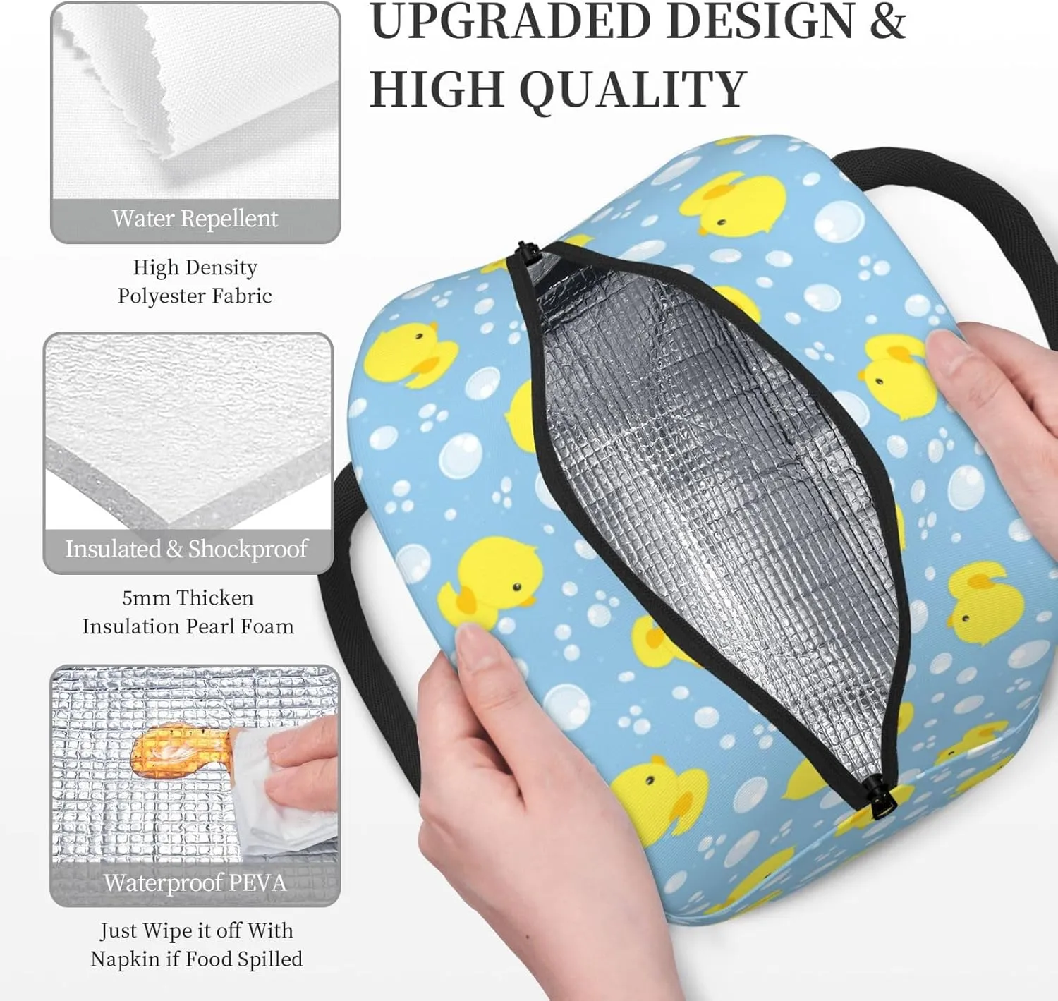 Cute Rubber Ducks Blue Background Insulated Lunch Bag Handbag lunchbox Food Container Gourmet Tote for School Office Work Picnic Travel