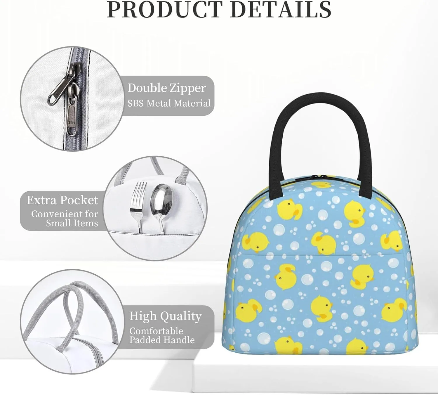 Cute Rubber Ducks Blue Background Insulated Lunch Bag Handbag lunchbox Food Container Gourmet Tote for School Office Work Picnic Travel