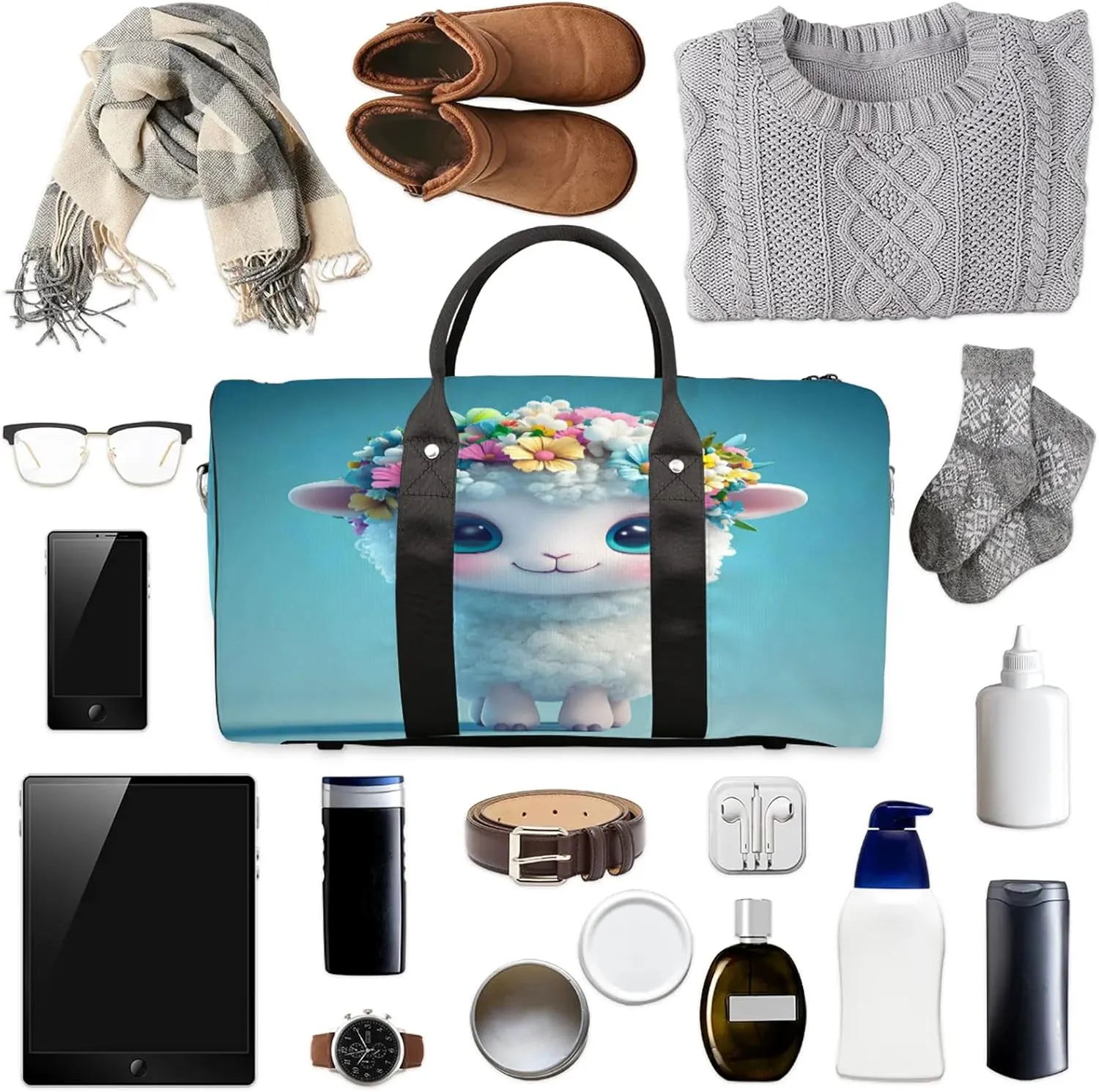 Cute Sheep Duffle Bag for Travel, Overnight Weekend Gym Carry On Luggage Bag, Animal Travel Duffel Bag for Men Women