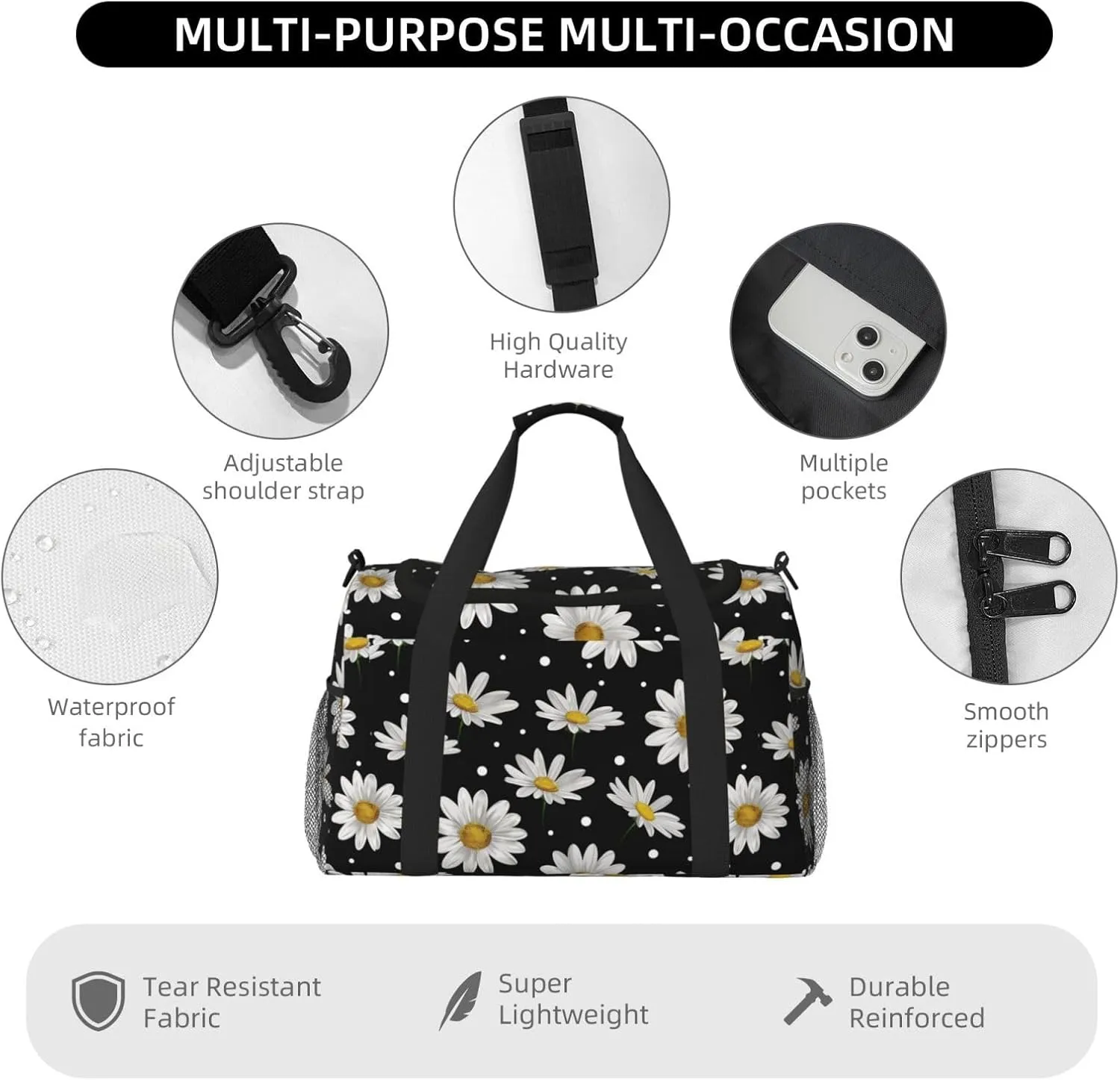 Daisies Flower Duffle Bag Foldable Travel Tote Bag Carry On Large Weekender Overnight Bags Waterproof Gym Bag For Women Men