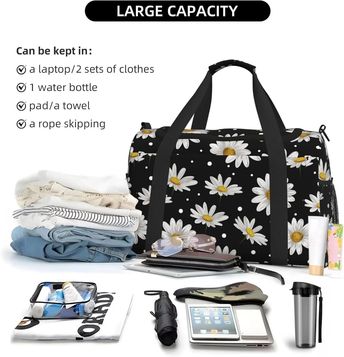 Daisies Flower Duffle Bag Foldable Travel Tote Bag Carry On Large Weekender Overnight Bags Waterproof Gym Bag For Women Men