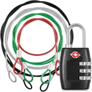 DanziX TSA Approved Lock and 4 Colors Stainless Steel Safety Tether，3-Dial Combination Travel Luggage Lock with Lanyard Security Cable for Protect Your Different Sizes of Bags,Suitcase,Baggage Black