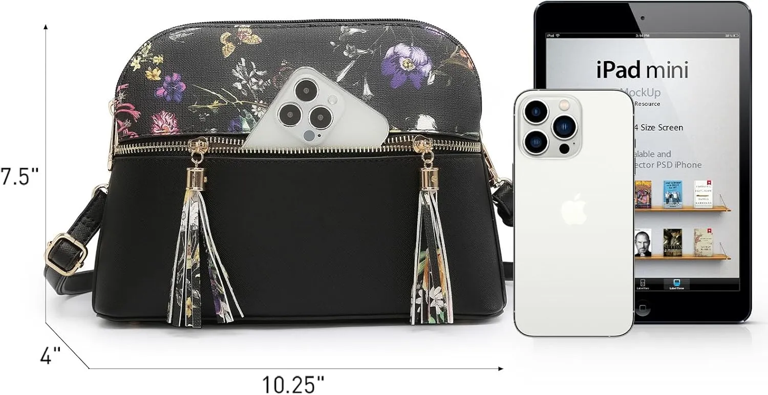 Dasein Women Tassel Zipper Pocket Crossbody Bag Shoulder Purse Fashion Travel Bag with Multi Pockets