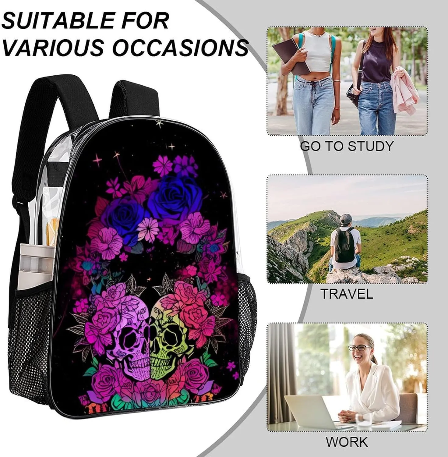 Daypack Anti-Theft Multipurpose Large Capacity Shoulder Bag - Psychedelic Skull Love Kiss Art Travel Hiking & Camping Rucksack Transparent Bag