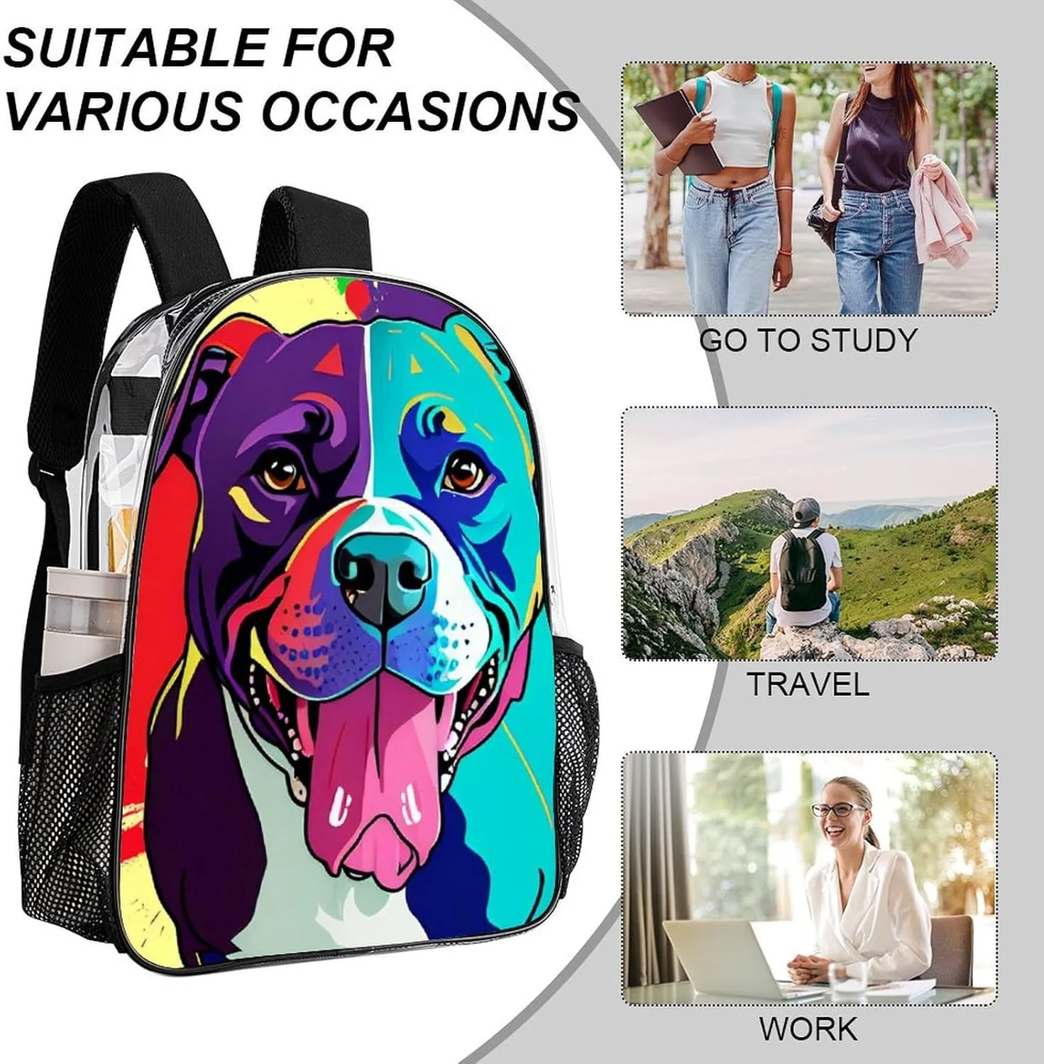Daypack Backpack Anti-Theft Multipurpose Big Capacity Bookbag - American Pit Bull Terrier Dog Art Business Computer Bag Transparent Bag