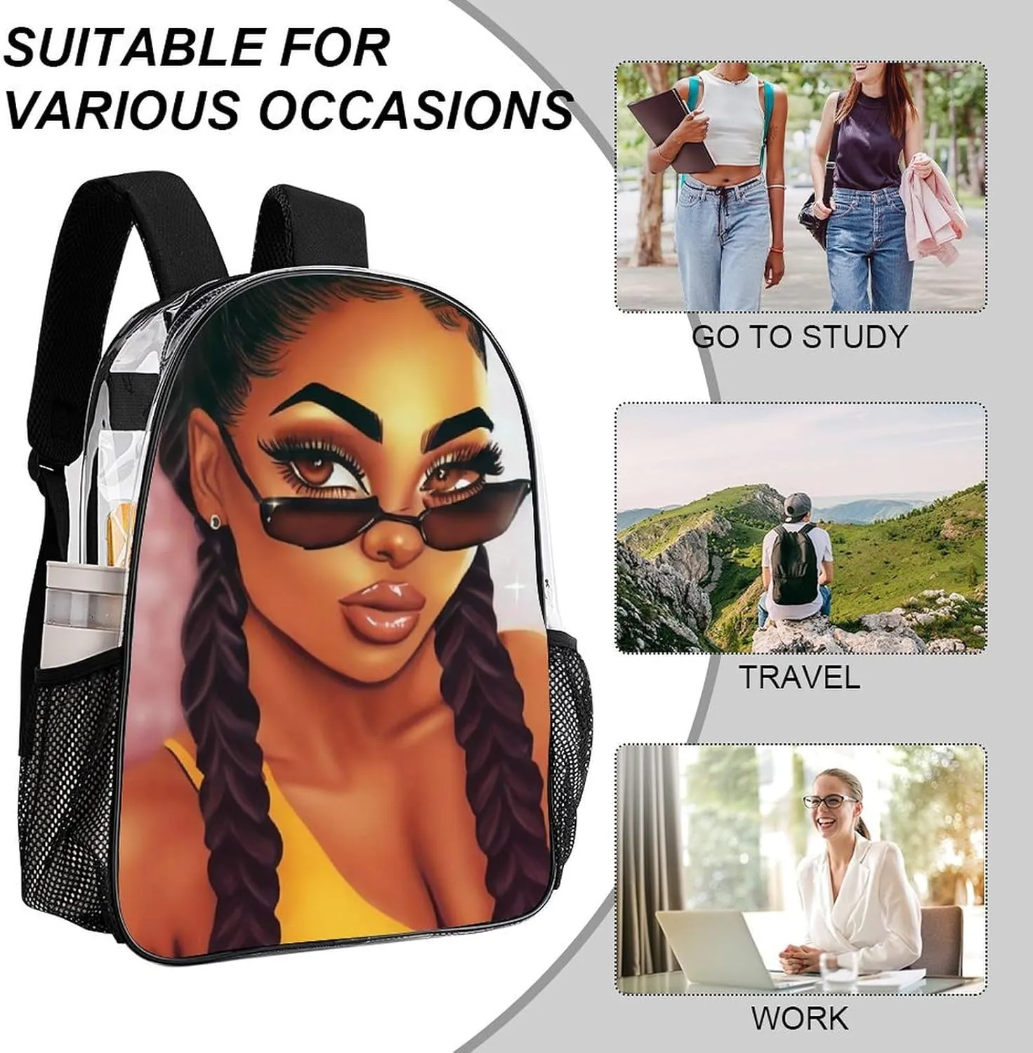 Daypack Bookbag Multipurpose Anti-Theft Big Capacity Carry On Bag - Abstract Fashion Black Women Art African American Women Art Travel Hiking & Camping Rucksack Transparent Bag