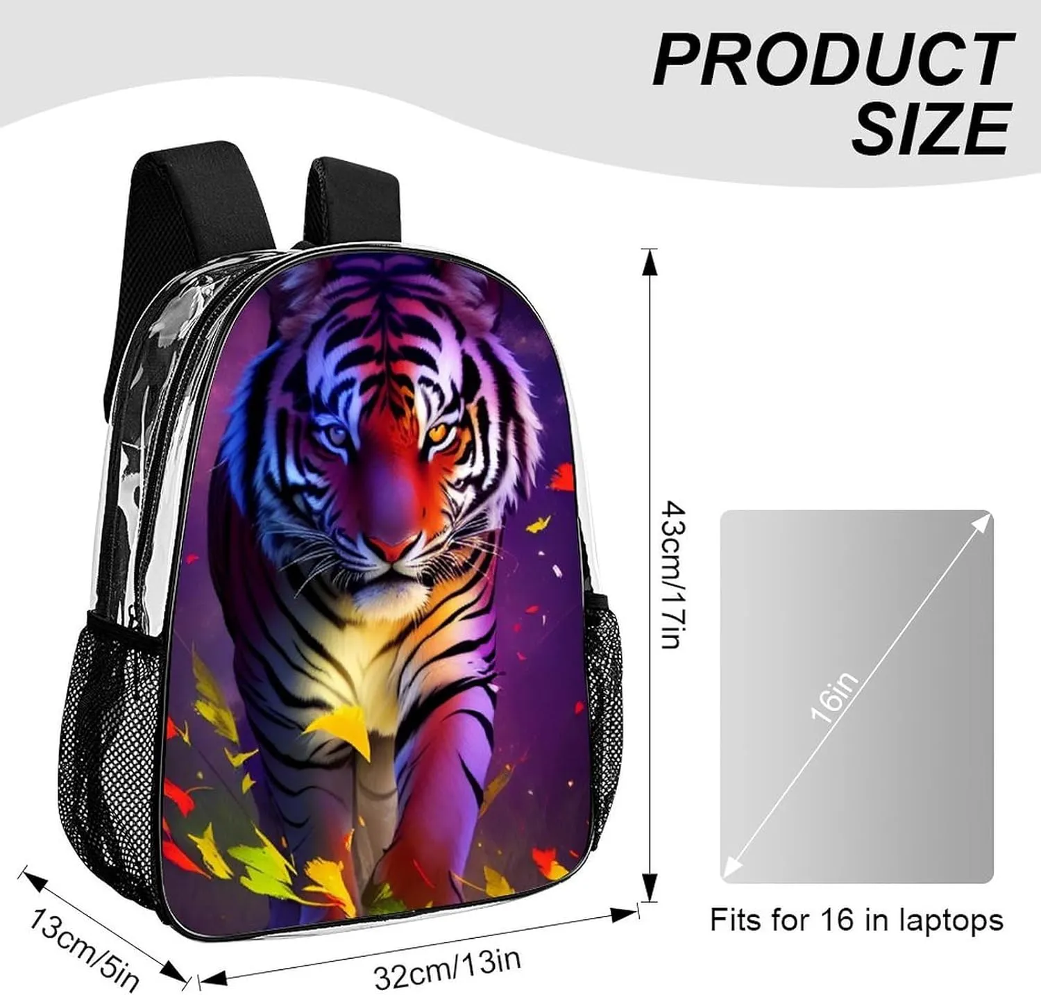 Daypack Bookbag Multipurpose Anti-Theft Big Capacity Carry On Bag - Beautiful Wild Animal Tiger Abstract Art Travel Hiking & Camping Rucksack Transparent Bag