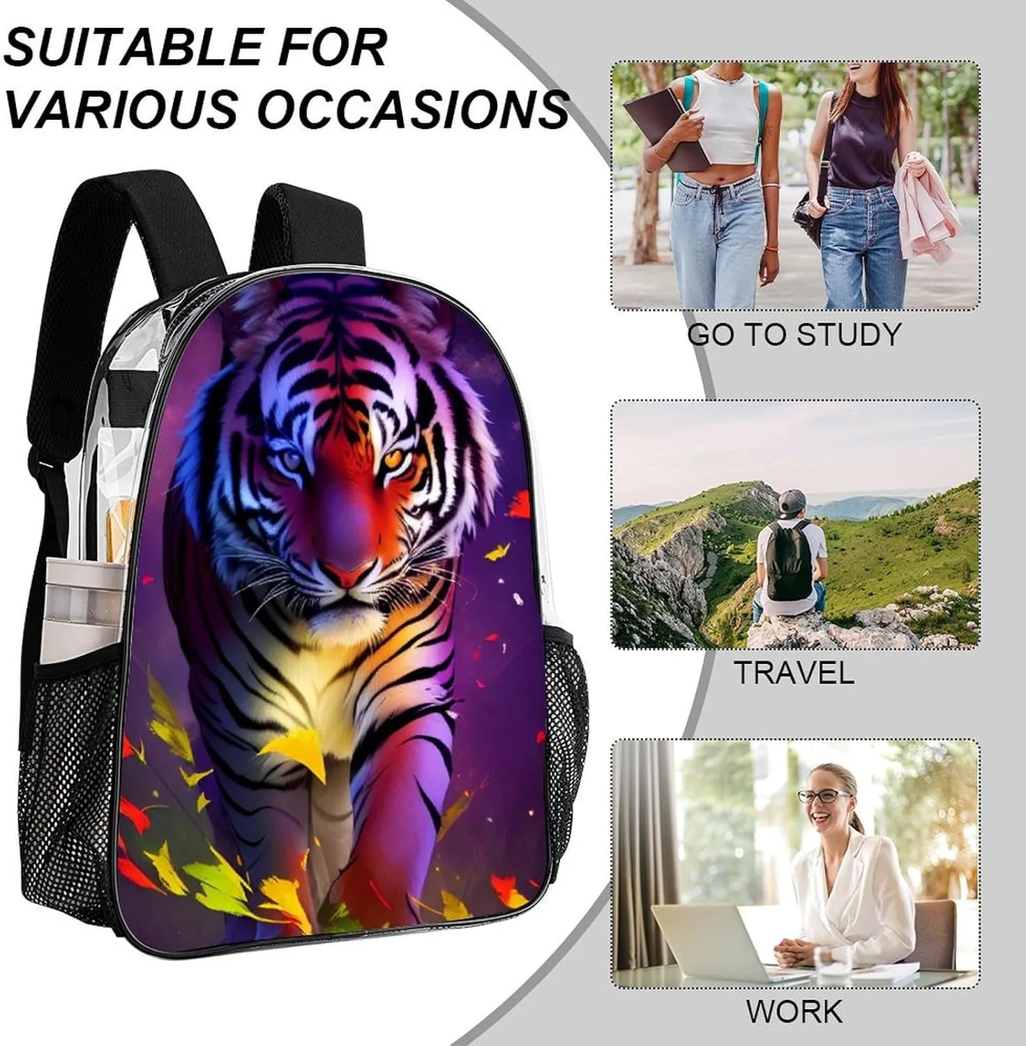 Daypack Bookbag Multipurpose Anti-Theft Big Capacity Carry On Bag - Beautiful Wild Animal Tiger Abstract Art Travel Hiking & Camping Rucksack Transparent Bag