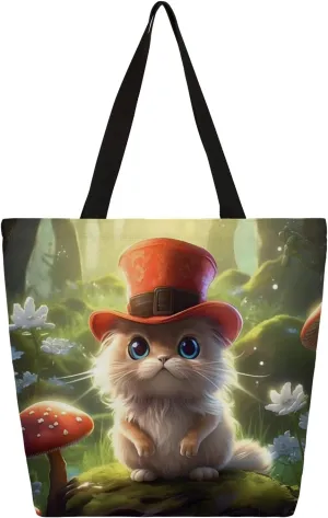 Deep Forest Cute Watercolor Cat Mushroom Large Capacity Canvas Tote Bag Stylish Handheld Shoulder Bag Reusable Shopping Bag for Work Travel Beach Trips Shopping