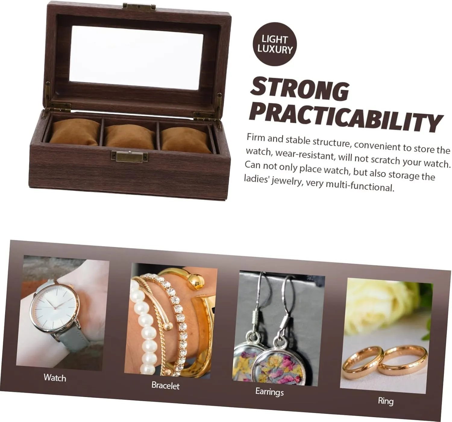 Desktop Wood Watch Box Elegant Watch Display Case for Women Bracelet Organizer Stylish Storage for Jewelry for Home Travel