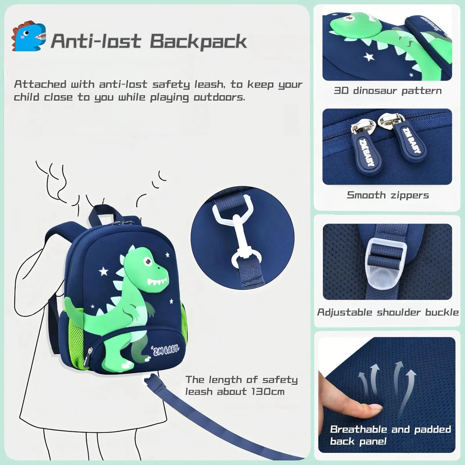 Dinosaur Anti-lost Backpack for Boys Kindergarten Preschool Bookbag with Safety Leash, Toddler Boys Backpack Daycare Bag, B-Dark-blue Red