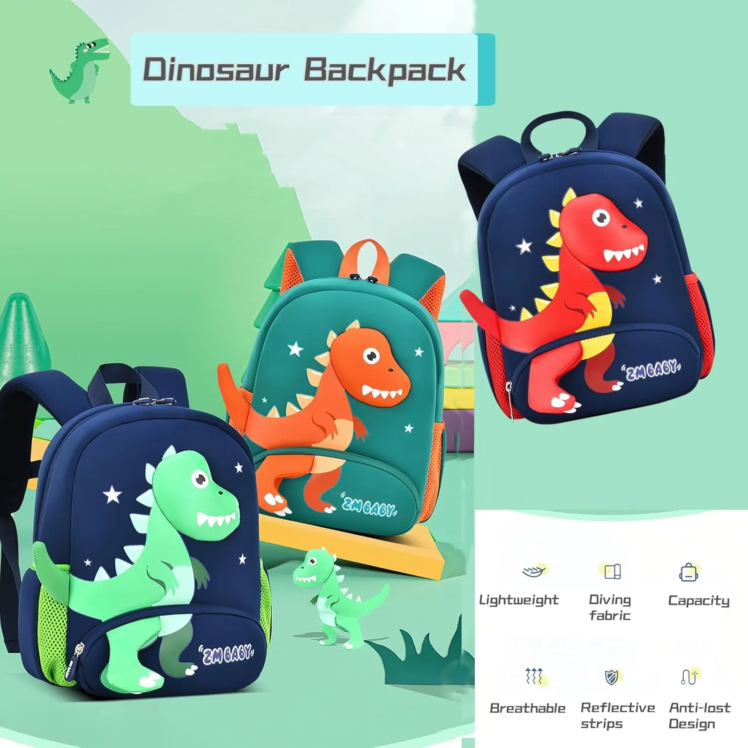 Dinosaur Anti-lost Backpack for Boys Kindergarten Preschool Bookbag with Safety Leash, Toddler Boys Backpack Daycare Bag, B-Dark-blue Red