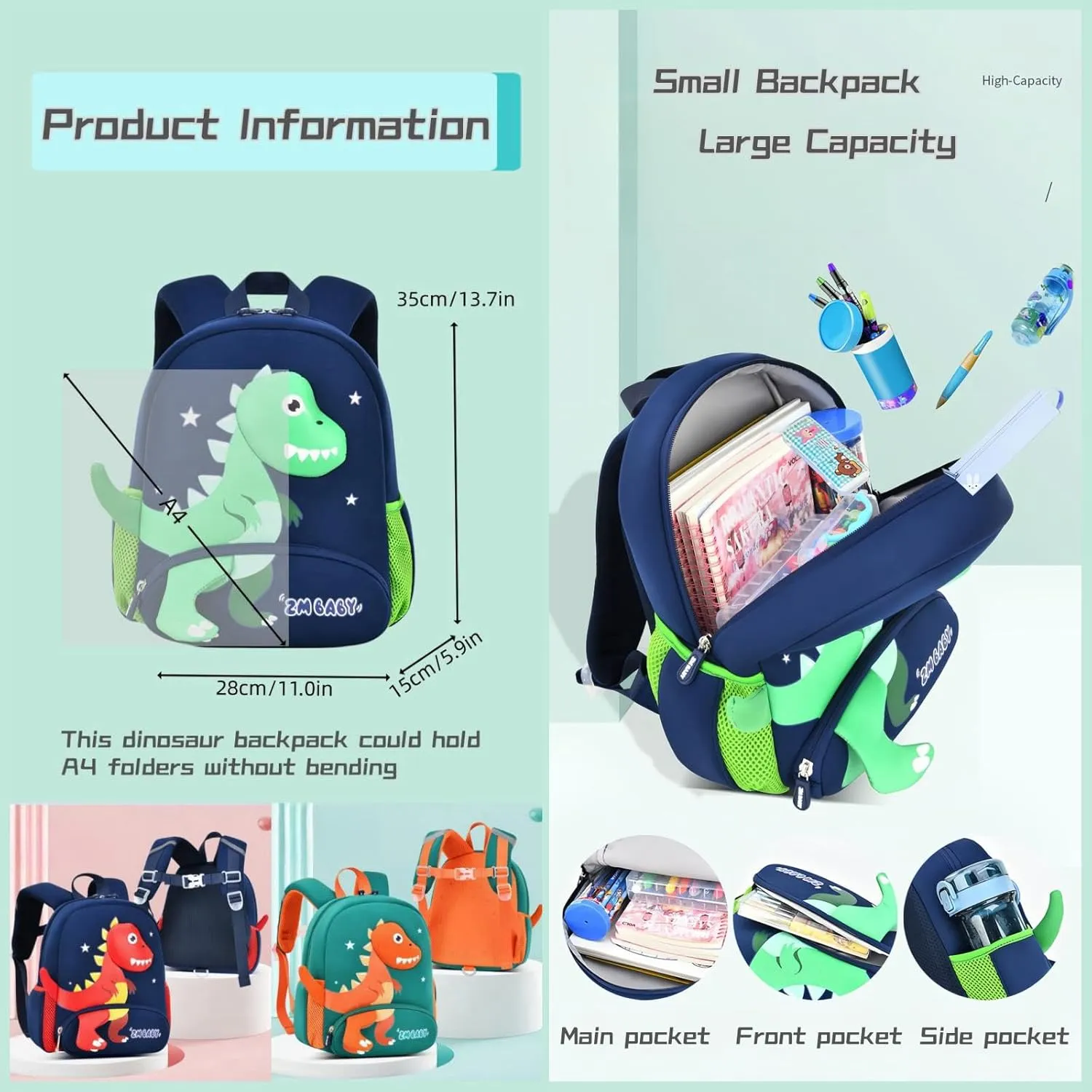Dinosaur Anti-lost Backpack for Boys Kindergarten Preschool Bookbag with Safety Leash, Toddler Boys Backpack Daycare Bag, B-Dark-blue Red