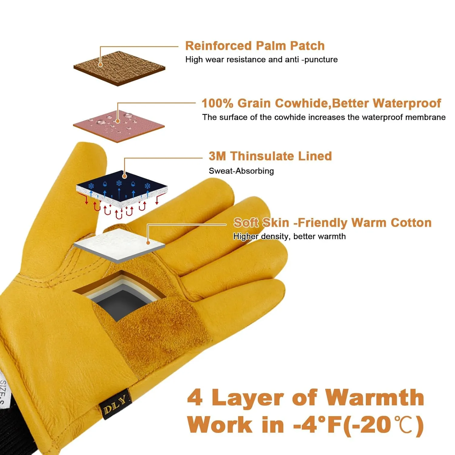 DLY Winter Leather Work Gloves for Men, Warm Thinsulate Insulation, Waterproof, Abrasion & Puncture Resistant, Cowhide Leather, Ideal for Cold Weather Work, Small, Yellow, New