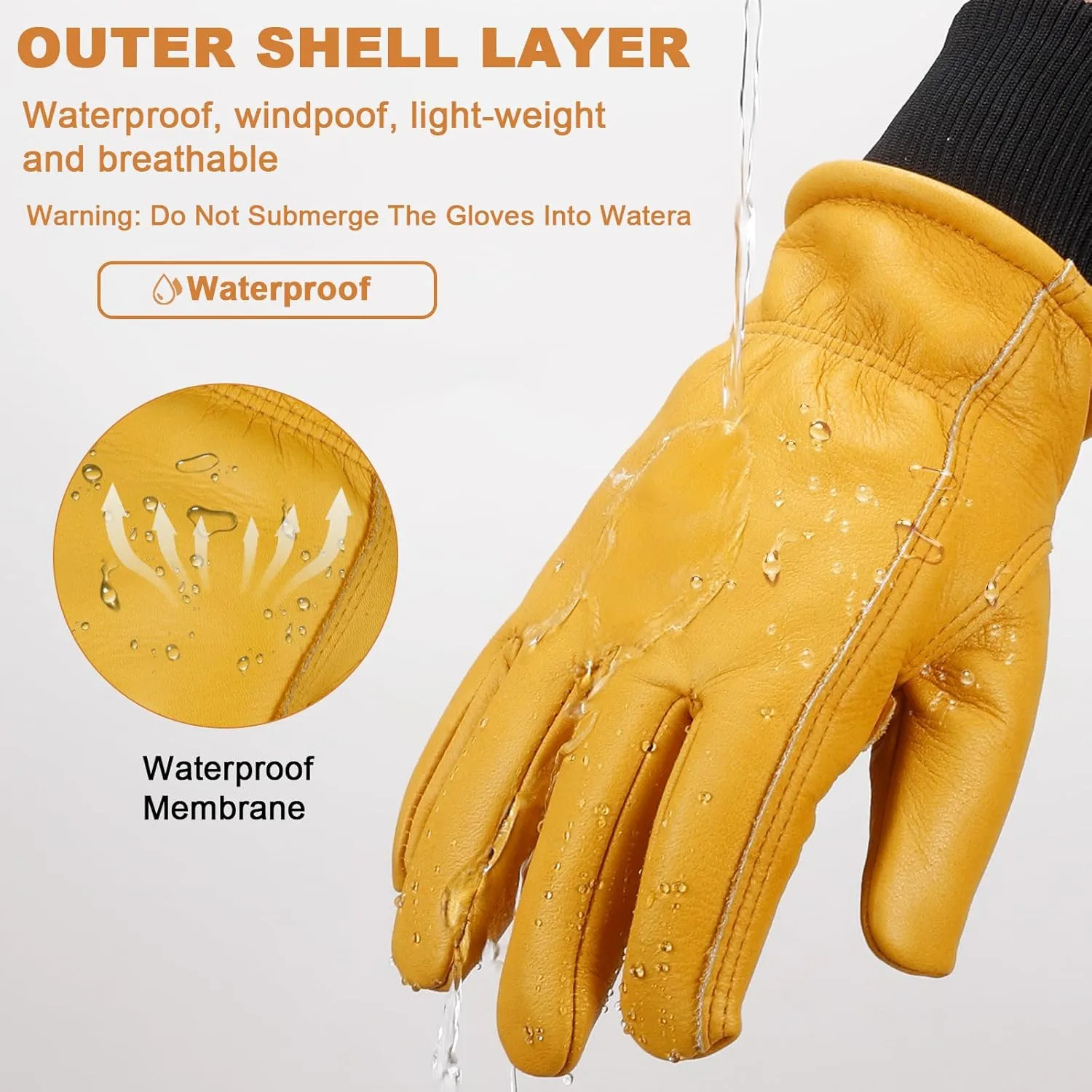 DLY Winter Leather Work Gloves for Men, Warm Thinsulate Insulation, Waterproof, Abrasion & Puncture Resistant, Cowhide Leather, Ideal for Cold Weather Work, Small, Yellow, New