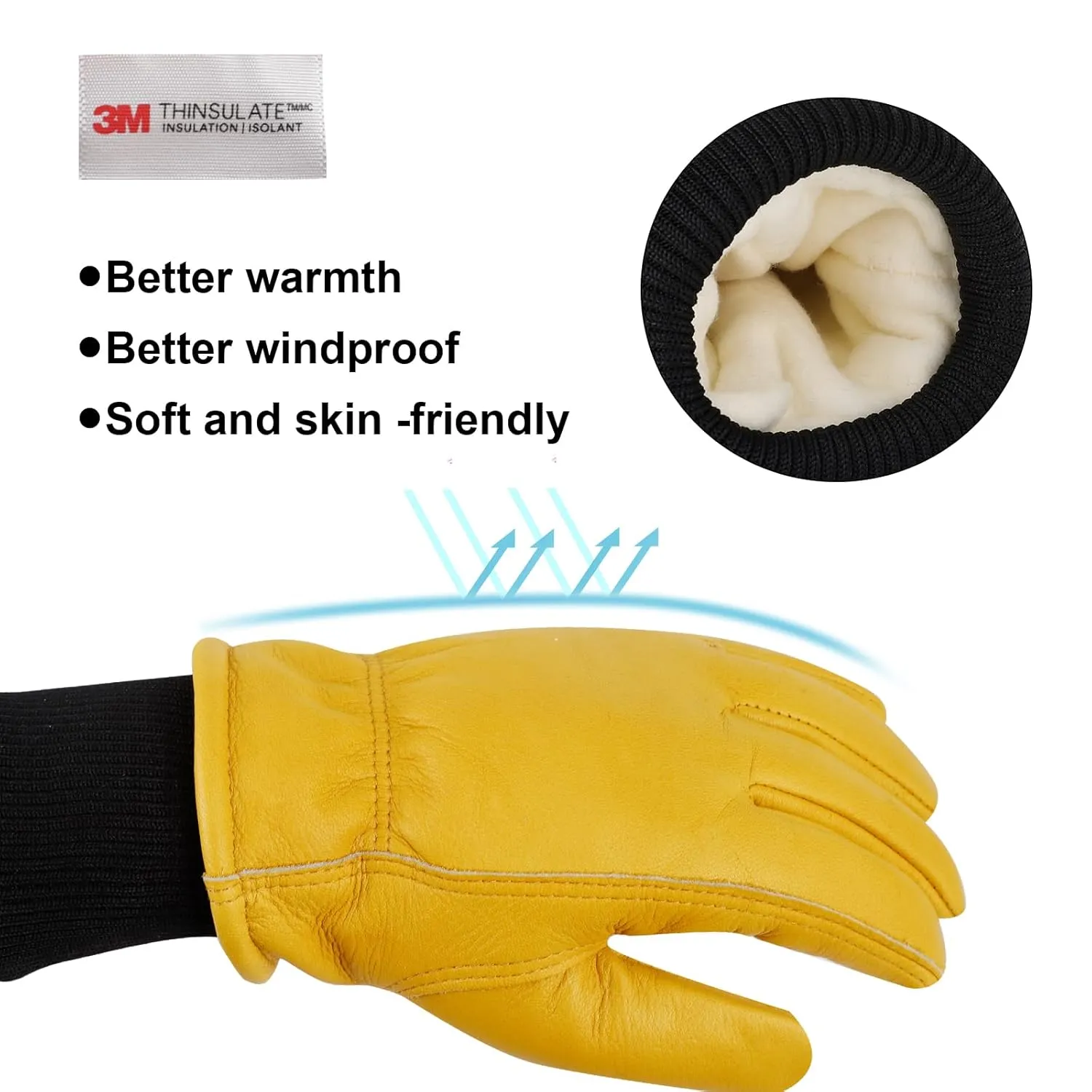 DLY Winter Leather Work Gloves for Men, Warm Thinsulate Insulation, Waterproof, Abrasion & Puncture Resistant, Cowhide Leather, Ideal for Cold Weather Work, Small, Yellow, New