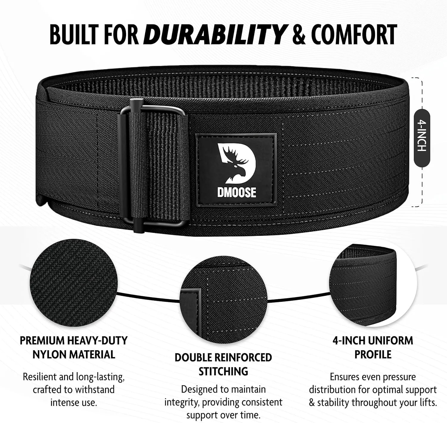 DMoose Weight Lifting Belt - Auto Locking Gym Belt for Olympic Training, WOD, Cross Training for Men and Women - 4" Nylon Workout belt with Adjustable Buckle - Provides Lumbar Support and Stability