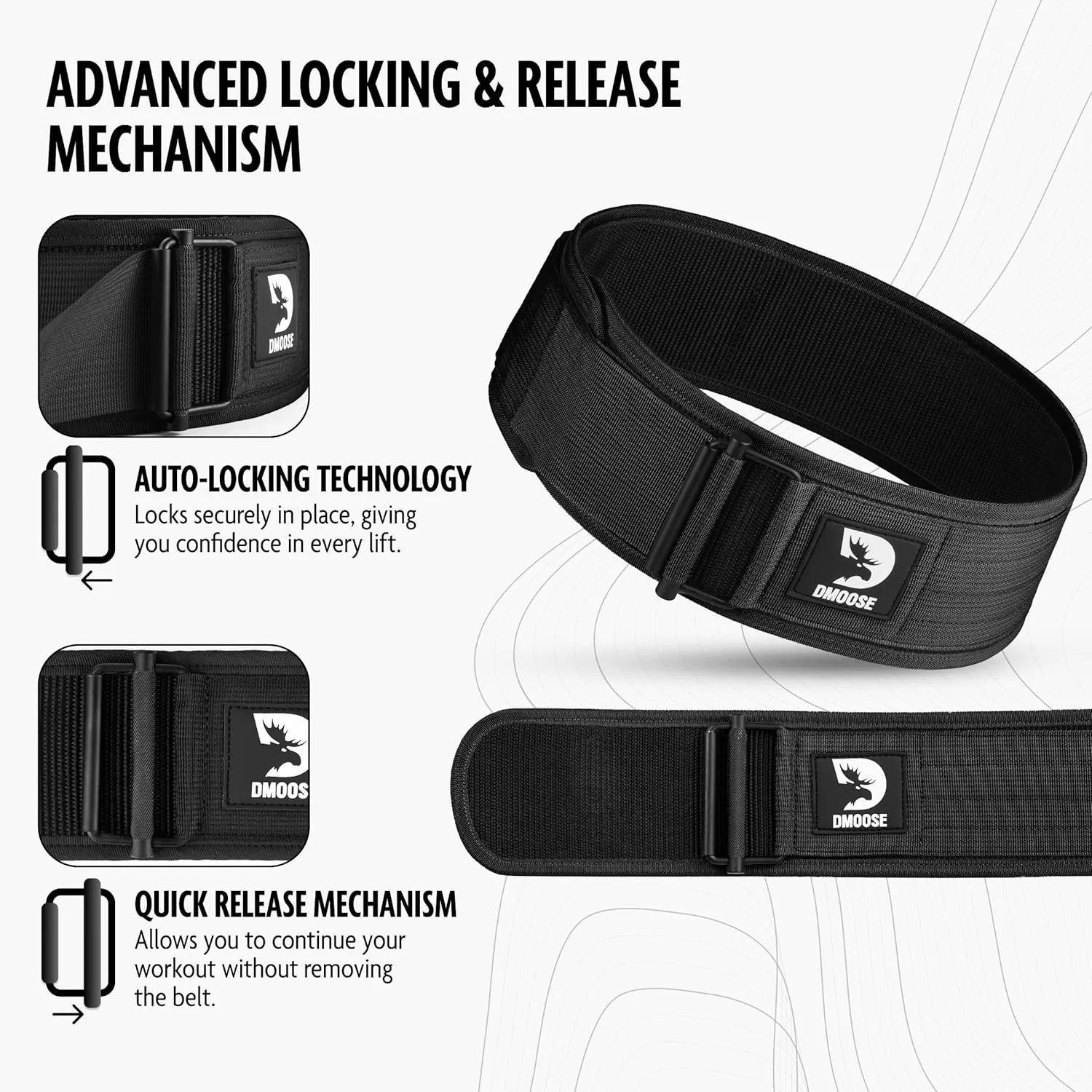 DMoose Weight Lifting Belt - Auto Locking Gym Belt for Olympic Training, WOD, Cross Training for Men and Women - 4" Nylon Workout belt with Adjustable Buckle - Provides Lumbar Support and Stability
