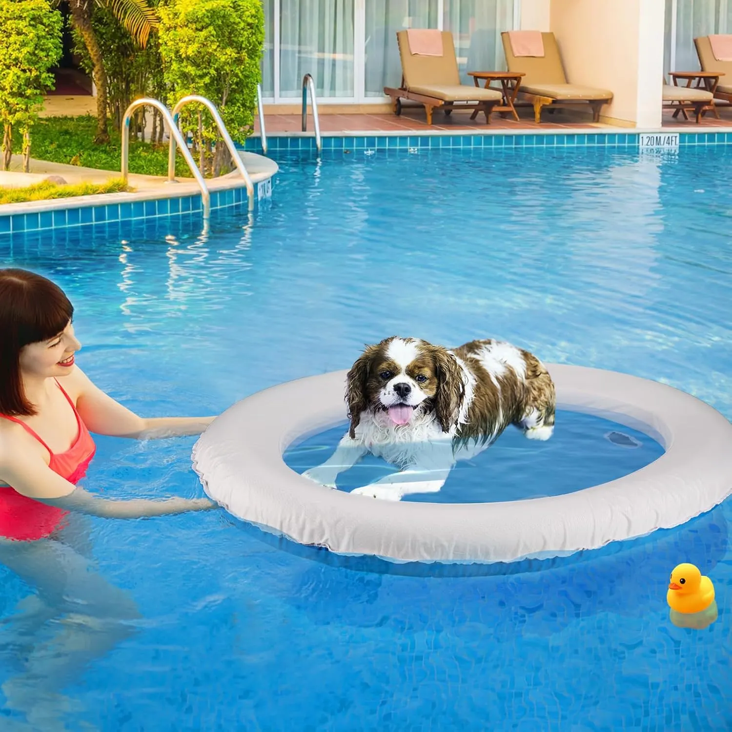 Dog Pool Float - 2025 Upgraded Tear Resistant Oxford Stable Support Dog Floatie, Inflatable Summer Doggies Raft Toy for Swimming Pool (up to 45lb), White