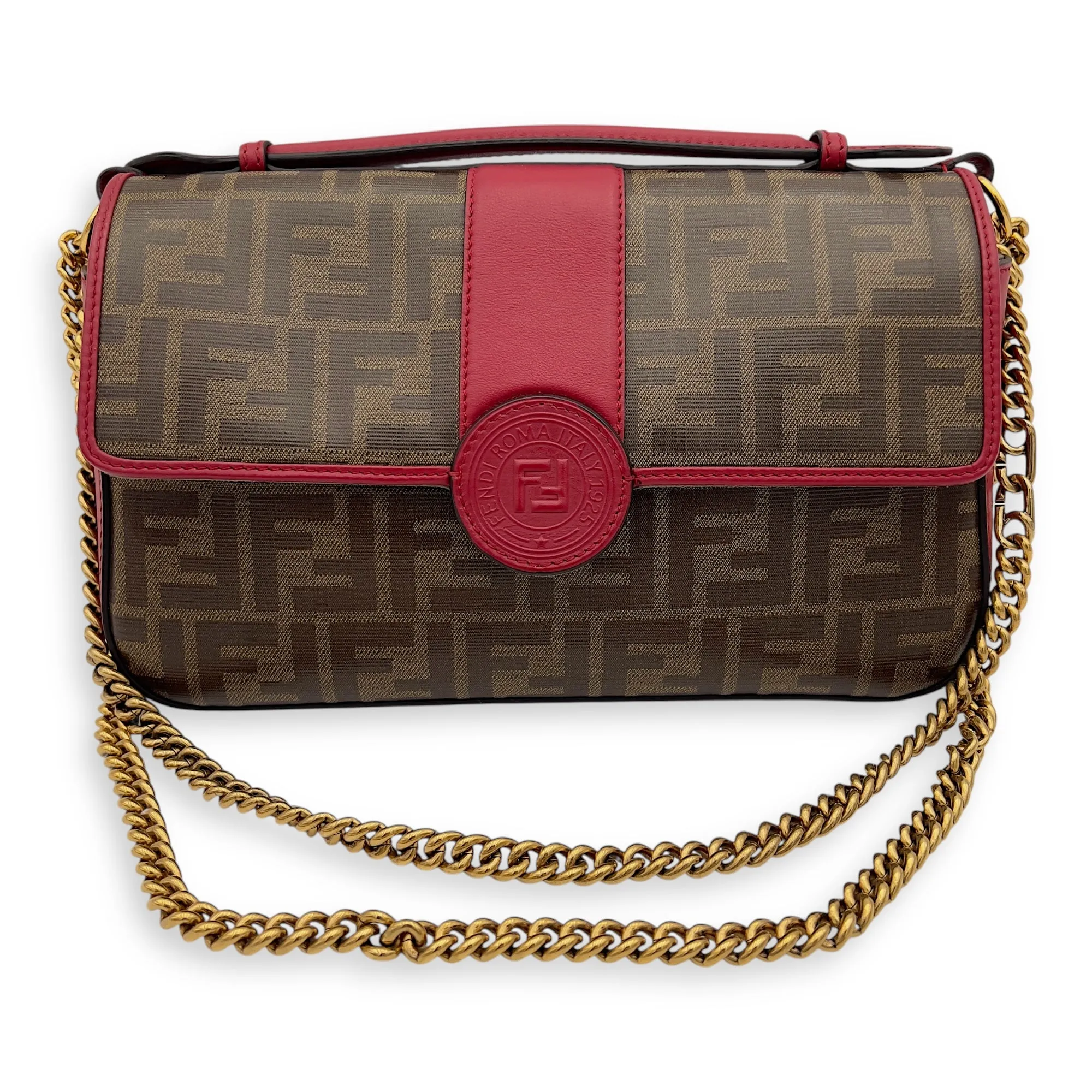 Double F Shoulder Bag Brown in Coated Canvas, Gold hardware