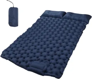 Double Inflatable Camping Sleeping Pads with Pillow Ergonomic Design Nylon Mat for Outdoor Navy