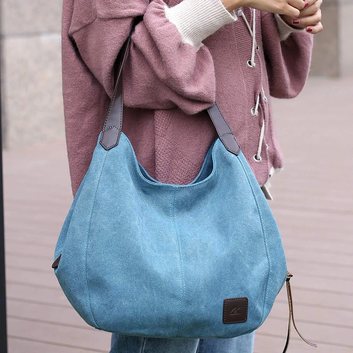 DOURR Women's Multi-pocket Shoulder Bag Fashion Cotton Canvas Handbag Tote Purse