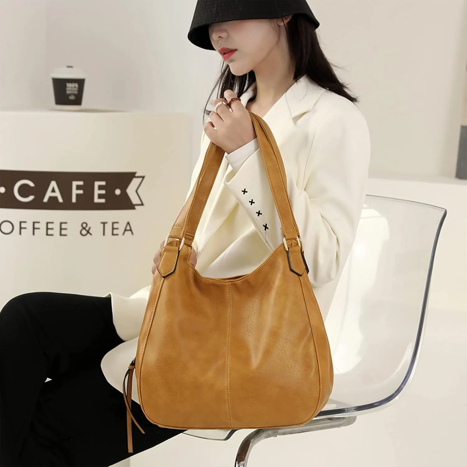 DOURR Women's Multi-pocket Shoulder Bag Fashion Vegan Leather Handbag Tote Purse