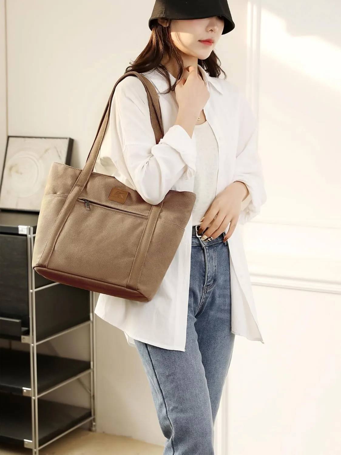 DOURR Womens Shoulder Handbags Heavy Duty Canvas Work Tote Retro Bucket Bag